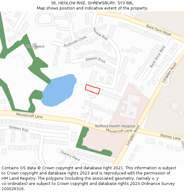 36, HENLOW RISE, SHREWSBURY, SY3 6BL: Location map and indicative extent of plot