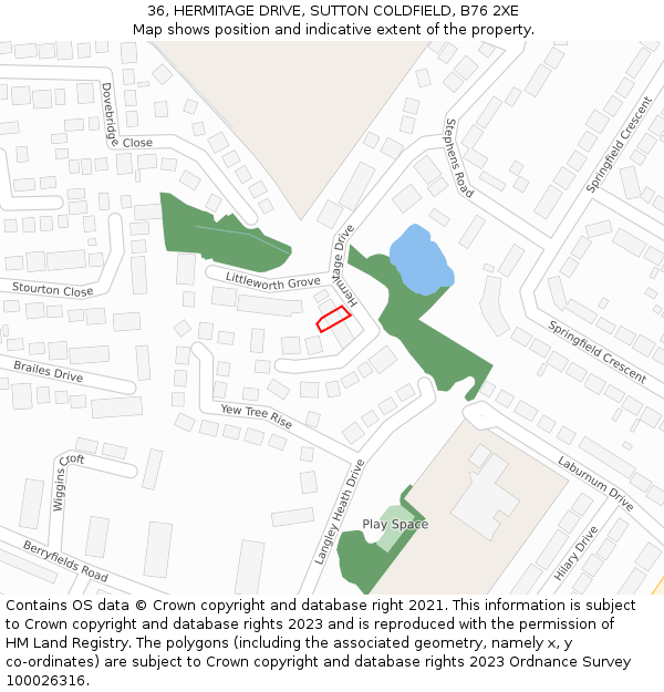 36, HERMITAGE DRIVE, SUTTON COLDFIELD, B76 2XE: Location map and indicative extent of plot