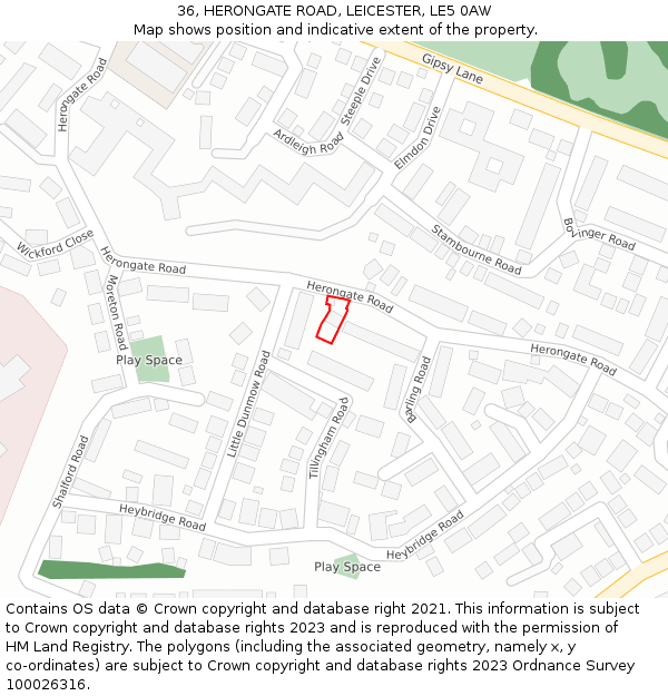 36, HERONGATE ROAD, LEICESTER, LE5 0AW: Location map and indicative extent of plot