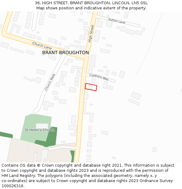 36, HIGH STREET, BRANT BROUGHTON, LINCOLN, LN5 0SL: Location map and indicative extent of plot