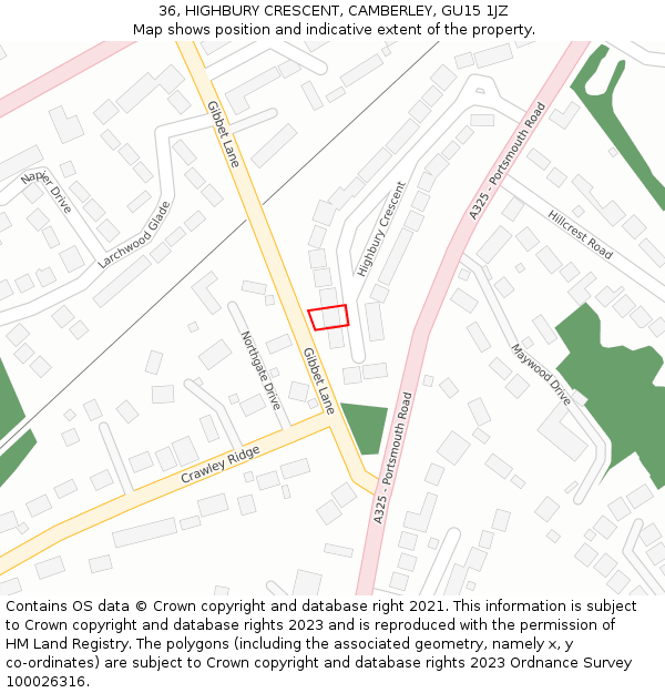 36, HIGHBURY CRESCENT, CAMBERLEY, GU15 1JZ: Location map and indicative extent of plot