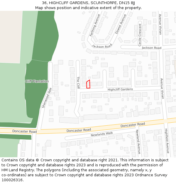 36, HIGHCLIFF GARDENS, SCUNTHORPE, DN15 8JJ: Location map and indicative extent of plot