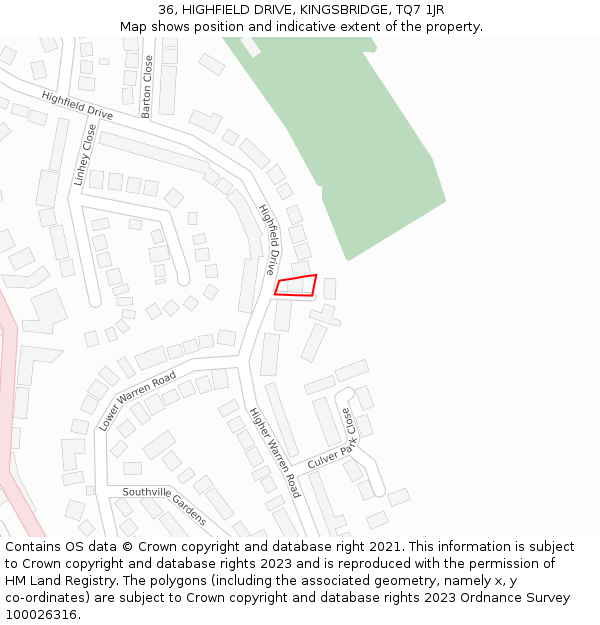 36, HIGHFIELD DRIVE, KINGSBRIDGE, TQ7 1JR: Location map and indicative extent of plot