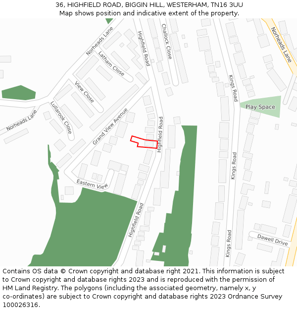 36, HIGHFIELD ROAD, BIGGIN HILL, WESTERHAM, TN16 3UU: Location map and indicative extent of plot