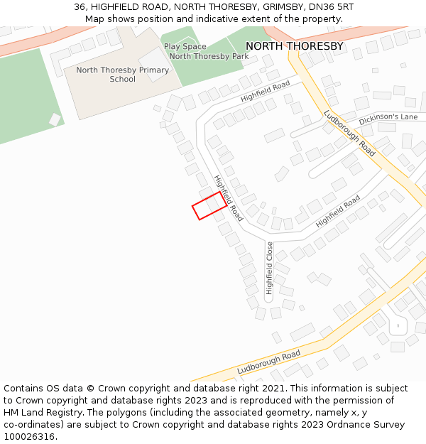 36, HIGHFIELD ROAD, NORTH THORESBY, GRIMSBY, DN36 5RT: Location map and indicative extent of plot