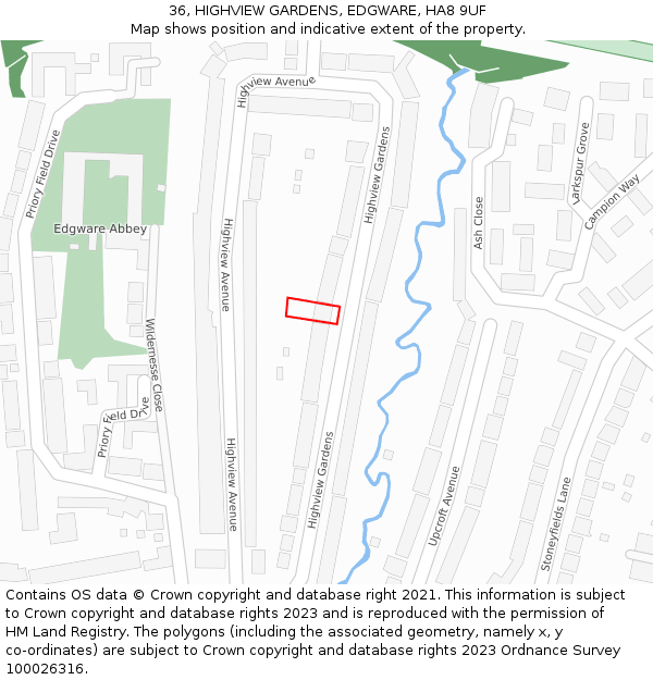 36, HIGHVIEW GARDENS, EDGWARE, HA8 9UF: Location map and indicative extent of plot