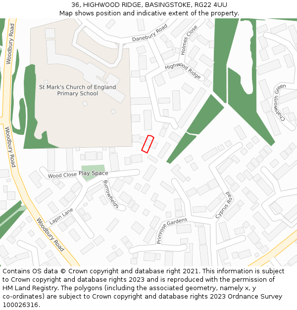 36, HIGHWOOD RIDGE, BASINGSTOKE, RG22 4UU: Location map and indicative extent of plot