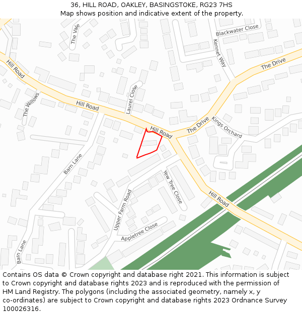 36, HILL ROAD, OAKLEY, BASINGSTOKE, RG23 7HS: Location map and indicative extent of plot