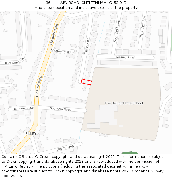 36, HILLARY ROAD, CHELTENHAM, GL53 9LD: Location map and indicative extent of plot