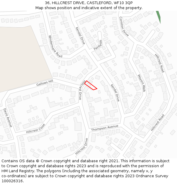 36, HILLCREST DRIVE, CASTLEFORD, WF10 3QP: Location map and indicative extent of plot