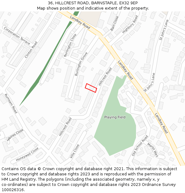 36, HILLCREST ROAD, BARNSTAPLE, EX32 9EP: Location map and indicative extent of plot