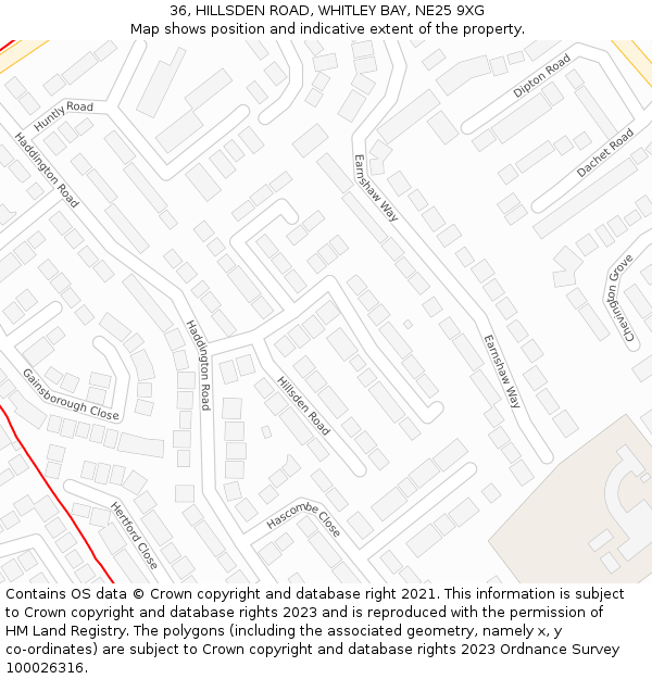 36, HILLSDEN ROAD, WHITLEY BAY, NE25 9XG: Location map and indicative extent of plot