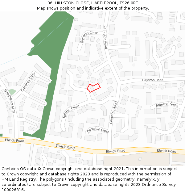 36, HILLSTON CLOSE, HARTLEPOOL, TS26 0PE: Location map and indicative extent of plot