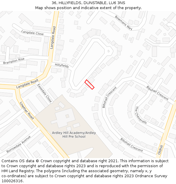 36, HILLYFIELDS, DUNSTABLE, LU6 3NS: Location map and indicative extent of plot