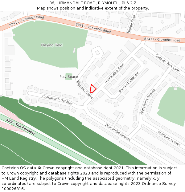 36, HIRMANDALE ROAD, PLYMOUTH, PL5 2JZ: Location map and indicative extent of plot
