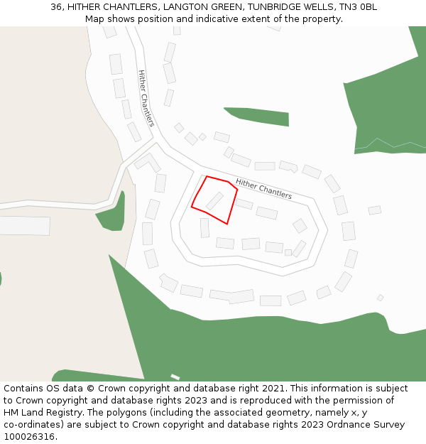 36, HITHER CHANTLERS, LANGTON GREEN, TUNBRIDGE WELLS, TN3 0BL: Location map and indicative extent of plot