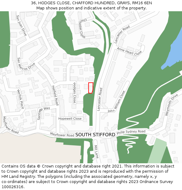 36, HODGES CLOSE, CHAFFORD HUNDRED, GRAYS, RM16 6EN: Location map and indicative extent of plot