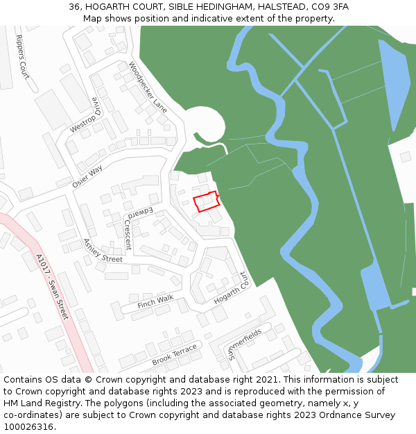 36, HOGARTH COURT, SIBLE HEDINGHAM, HALSTEAD, CO9 3FA: Location map and indicative extent of plot