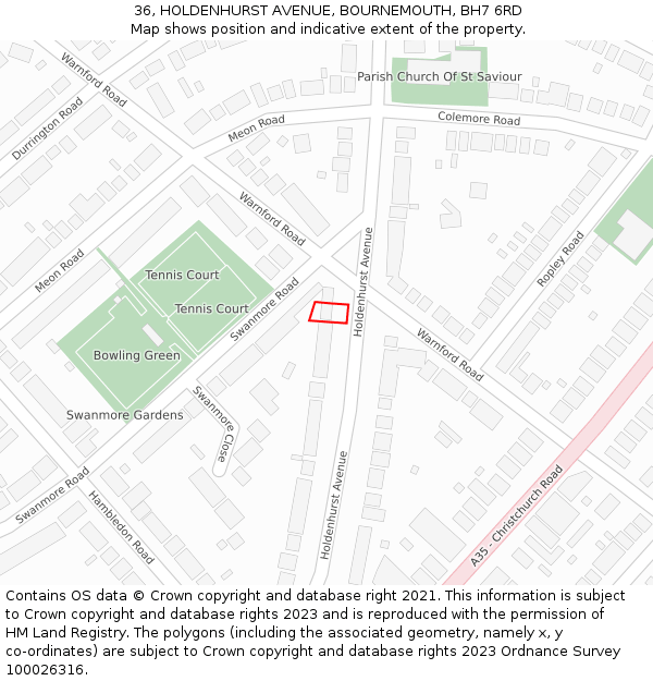 36, HOLDENHURST AVENUE, BOURNEMOUTH, BH7 6RD: Location map and indicative extent of plot