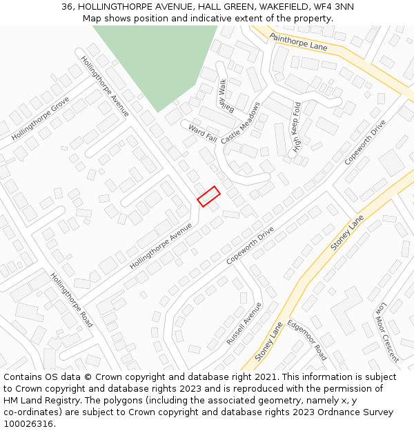 36, HOLLINGTHORPE AVENUE, HALL GREEN, WAKEFIELD, WF4 3NN: Location map and indicative extent of plot