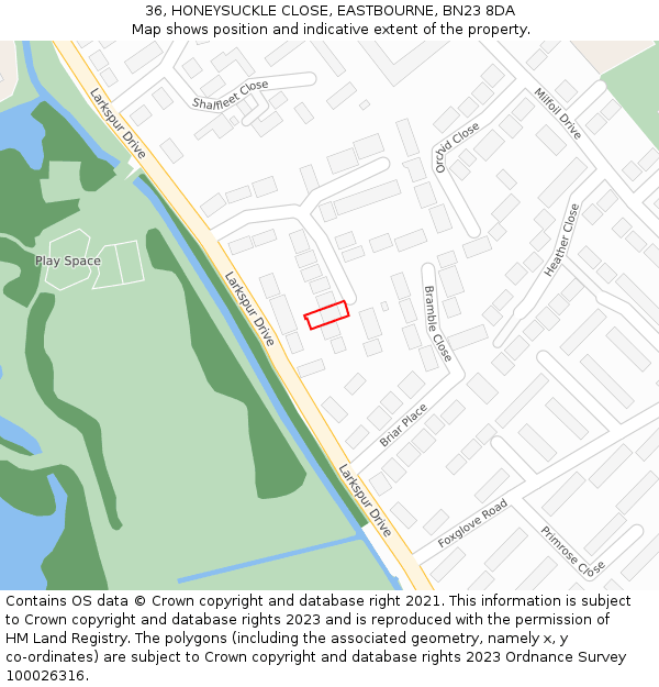 36, HONEYSUCKLE CLOSE, EASTBOURNE, BN23 8DA: Location map and indicative extent of plot