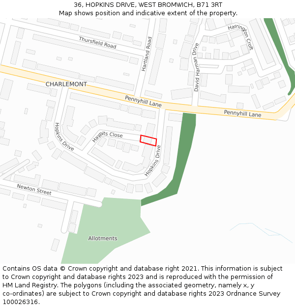 36, HOPKINS DRIVE, WEST BROMWICH, B71 3RT: Location map and indicative extent of plot