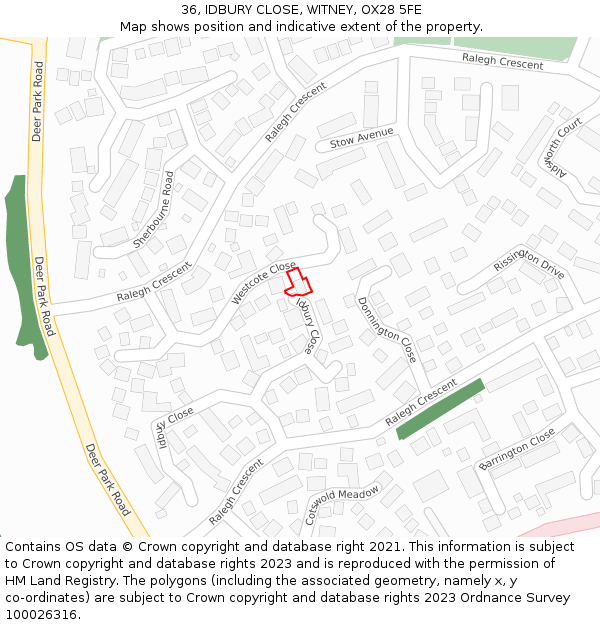 36, IDBURY CLOSE, WITNEY, OX28 5FE: Location map and indicative extent of plot