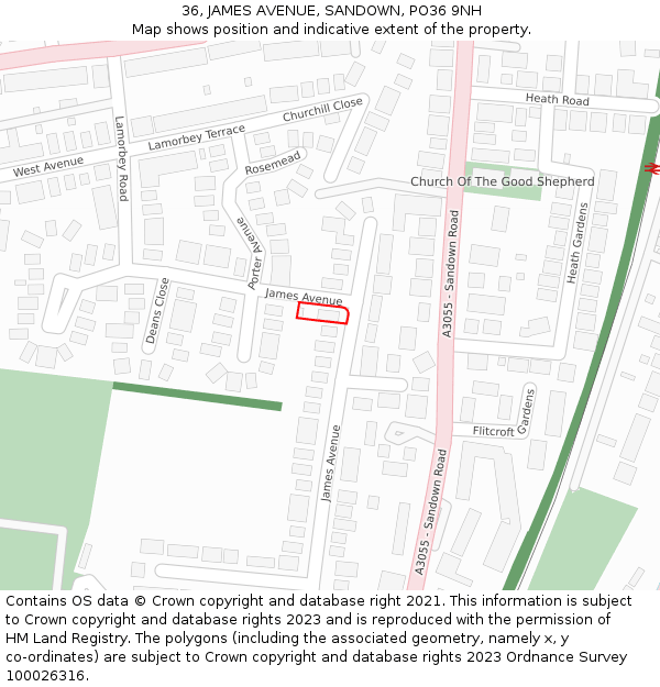 36, JAMES AVENUE, SANDOWN, PO36 9NH: Location map and indicative extent of plot