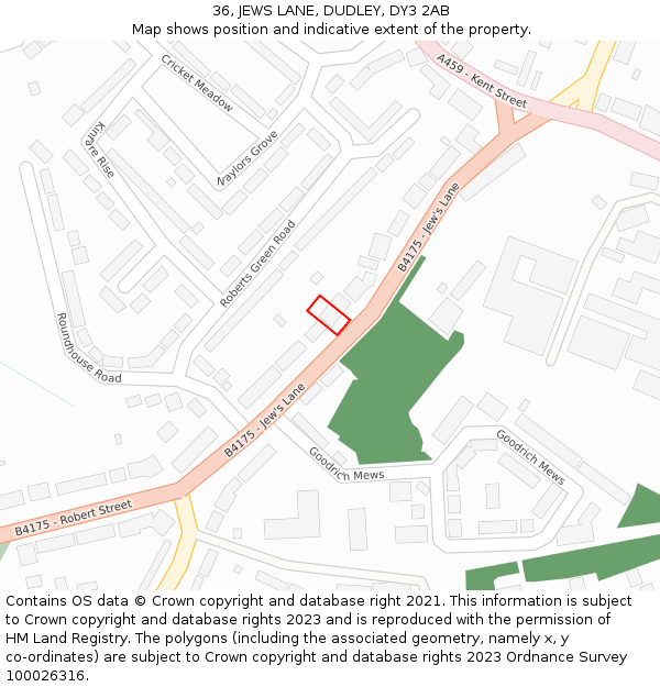 36, JEWS LANE, DUDLEY, DY3 2AB: Location map and indicative extent of plot