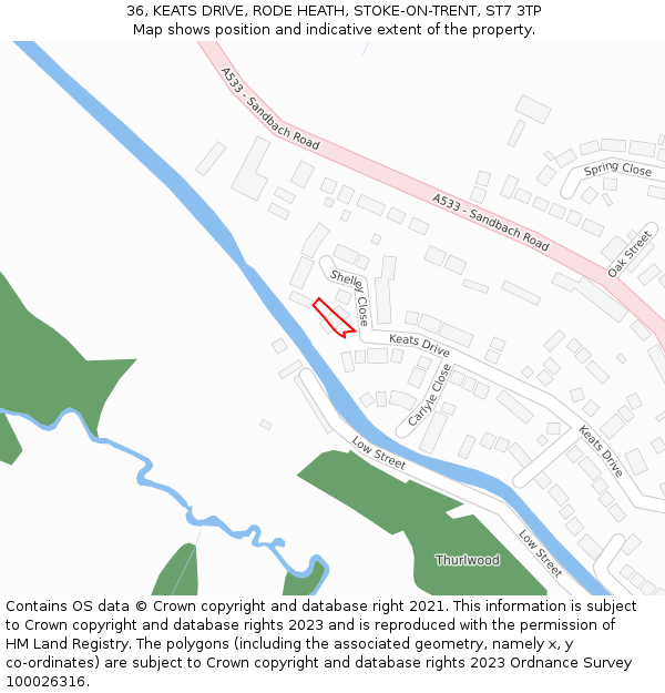 36, KEATS DRIVE, RODE HEATH, STOKE-ON-TRENT, ST7 3TP: Location map and indicative extent of plot