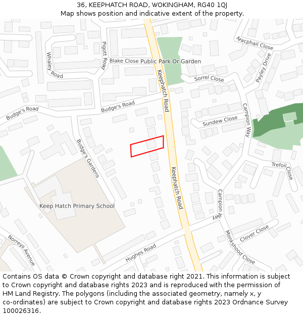 36, KEEPHATCH ROAD, WOKINGHAM, RG40 1QJ: Location map and indicative extent of plot