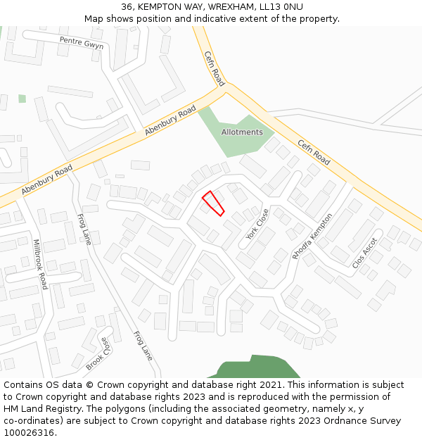 36, KEMPTON WAY, WREXHAM, LL13 0NU: Location map and indicative extent of plot