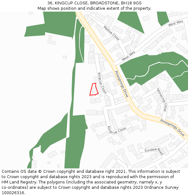 36, KINGCUP CLOSE, BROADSTONE, BH18 9GS: Location map and indicative extent of plot