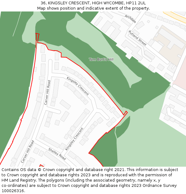 36, KINGSLEY CRESCENT, HIGH WYCOMBE, HP11 2UL: Location map and indicative extent of plot