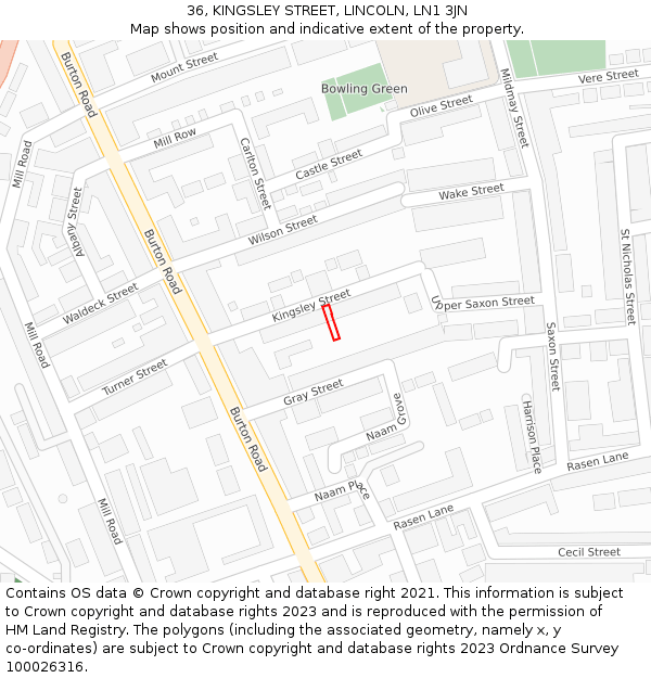 36, KINGSLEY STREET, LINCOLN, LN1 3JN: Location map and indicative extent of plot