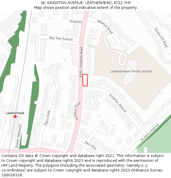 36, KINGSTON AVENUE, LEATHERHEAD, KT22 7HY: Location map and indicative extent of plot