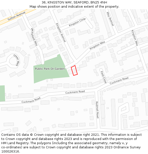 36, KINGSTON WAY, SEAFORD, BN25 4NH: Location map and indicative extent of plot