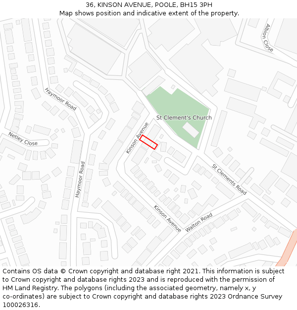36, KINSON AVENUE, POOLE, BH15 3PH: Location map and indicative extent of plot