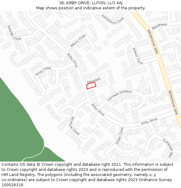 36, KIRBY DRIVE, LUTON, LU3 4AJ: Location map and indicative extent of plot