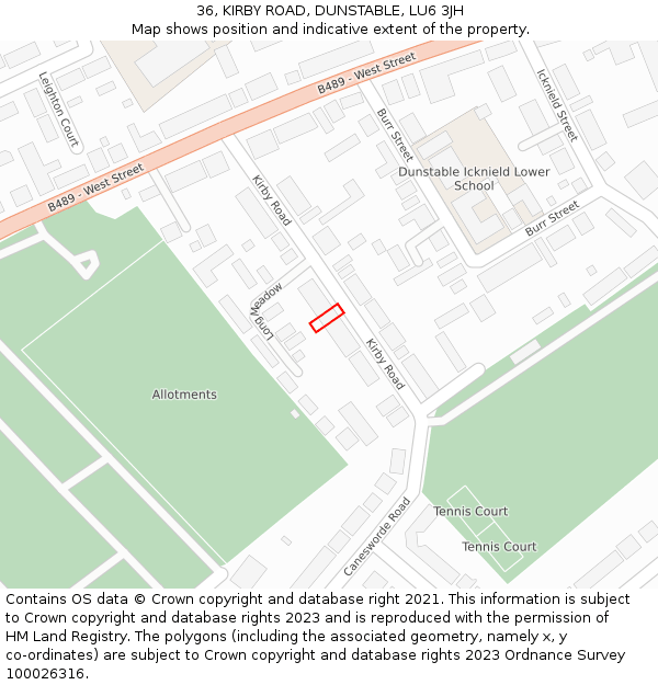 36, KIRBY ROAD, DUNSTABLE, LU6 3JH: Location map and indicative extent of plot