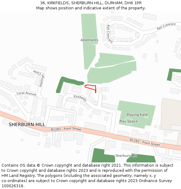 36, KIRKFIELDS, SHERBURN HILL, DURHAM, DH6 1PR: Location map and indicative extent of plot