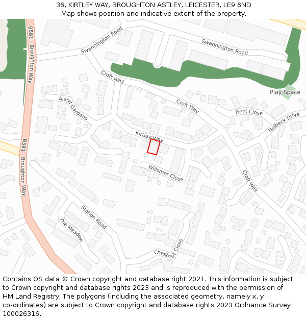 36, KIRTLEY WAY, BROUGHTON ASTLEY, LEICESTER, LE9 6ND: Location map and indicative extent of plot