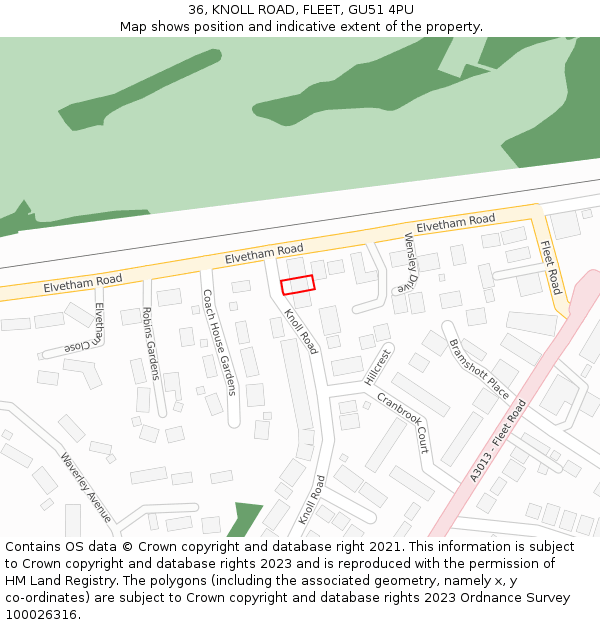 36, KNOLL ROAD, FLEET, GU51 4PU: Location map and indicative extent of plot