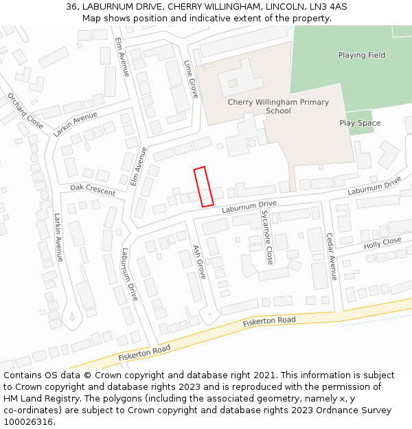 36, LABURNUM DRIVE, CHERRY WILLINGHAM, LINCOLN, LN3 4AS: Location map and indicative extent of plot