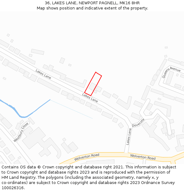 36, LAKES LANE, NEWPORT PAGNELL, MK16 8HR: Location map and indicative extent of plot