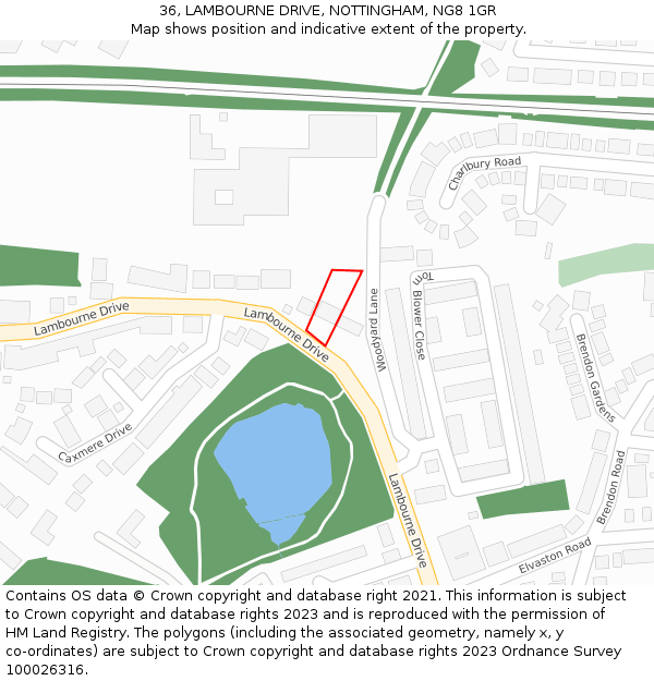 36, LAMBOURNE DRIVE, NOTTINGHAM, NG8 1GR: Location map and indicative extent of plot