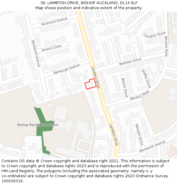 36, LAMBTON DRIVE, BISHOP AUCKLAND, DL14 6LF: Location map and indicative extent of plot