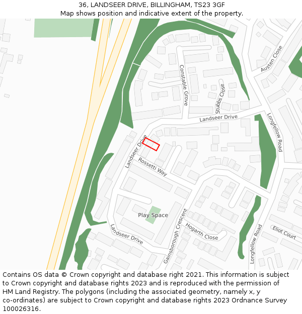 36, LANDSEER DRIVE, BILLINGHAM, TS23 3GF: Location map and indicative extent of plot