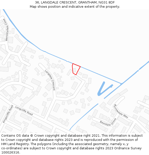 36, LANGDALE CRESCENT, GRANTHAM, NG31 8DF: Location map and indicative extent of plot