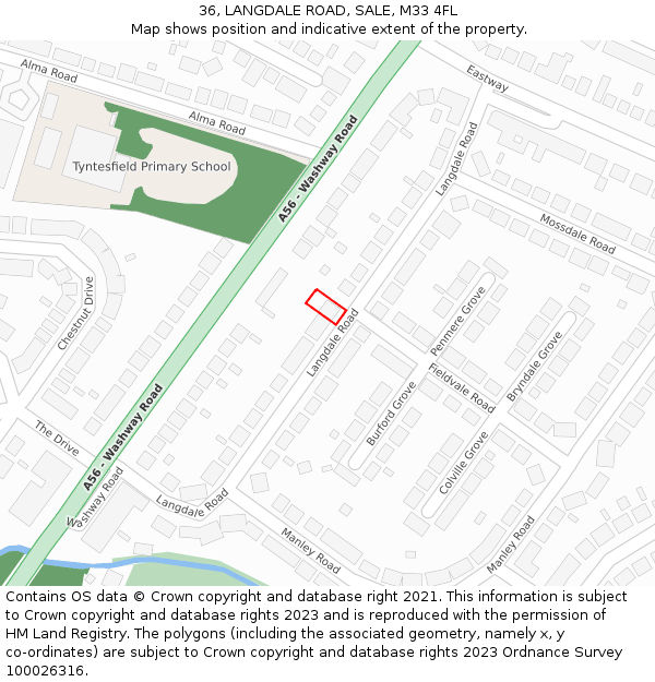 36, LANGDALE ROAD, SALE, M33 4FL: Location map and indicative extent of plot